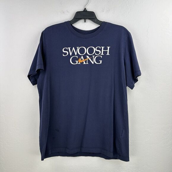 Swoosh Gang‎ The Nike Tee Logo Mens L Blue Orange Center Swoosh Casual Sports - Picture 1 of 9